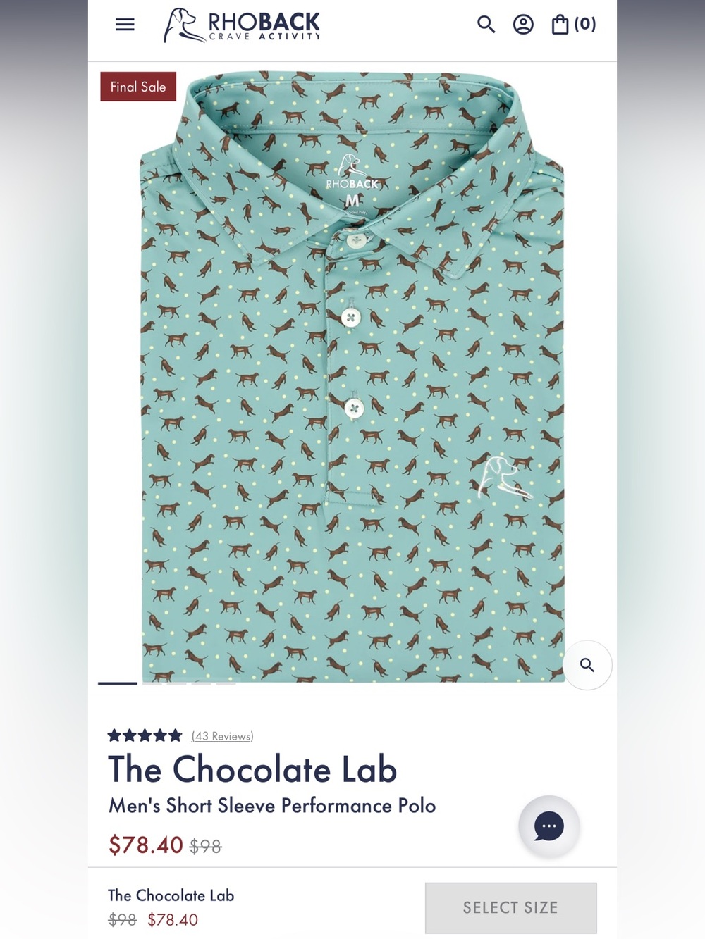 Rhoback Men's Polo in Aqua with Chocolate Dog Print